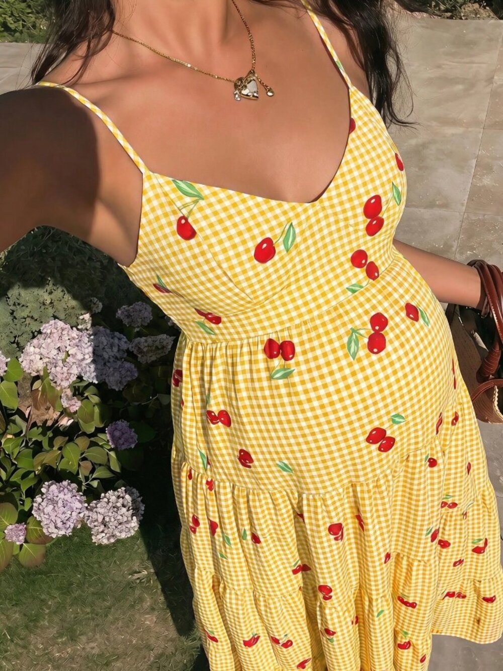 Yellow Boho Women's Cute Flare Cherry Strapless Maternity maxi Dress
